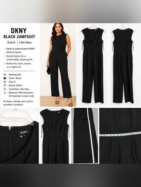 DKNY Black Wide-Leg Jumpsuit | Size 6 | Like New | Stretch | Elegant